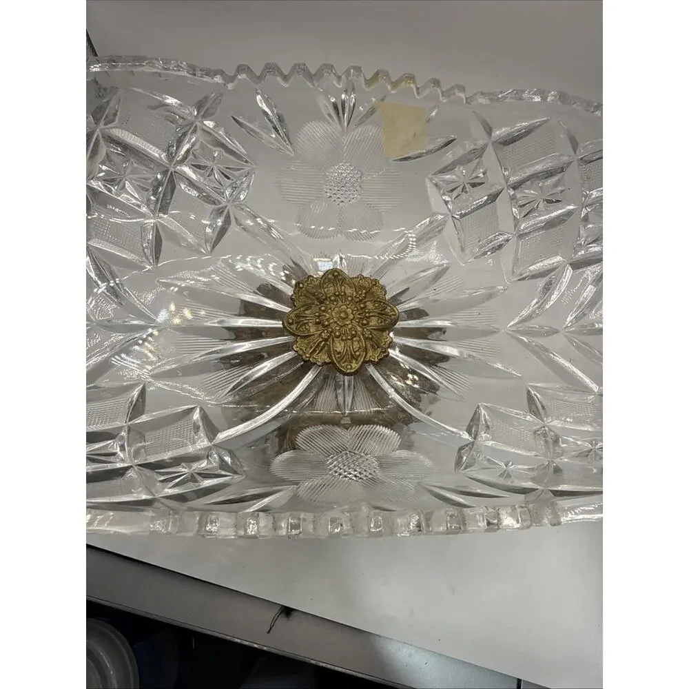 Vintage Hollywood Regency Crystal Brass Marble 7.5”Candy Dish With Crystals *